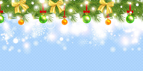Realistic vector garland with Christmas balls, bows and snowflakes on transparent background. Perfect for festive borders, winter banners, cards and New Year design.