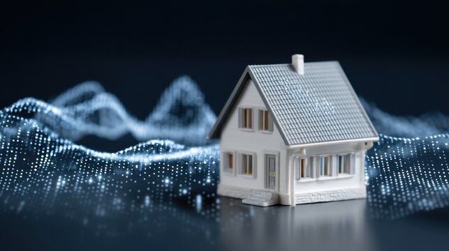 Miniature house model surrounded by digital wave patterns representing technology and data, ideal for concepts of modern home and innovation in real estate market