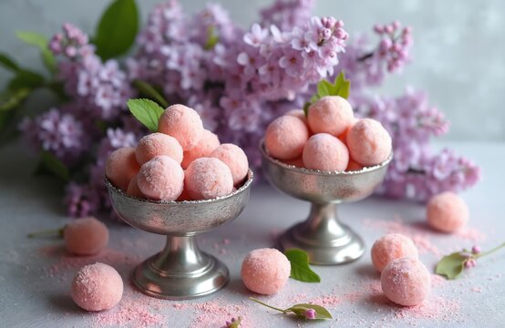 Two silver bowls filled with pink candies sit near purple lilac flowers. Several candies are scattered around bowls on grey surface with pink powder.