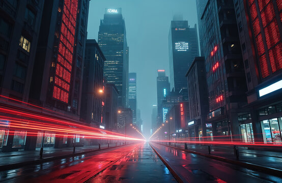 City street at night with tall buildings, glowing red lights streak past. Wet street reflects neon signs and modern architecture. Future urban landscape with digital data streams.