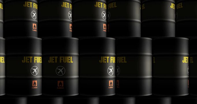 Jet fuel airplane oil barrels in row seamless and loopable concept. Aircraft petrol industrial containers.