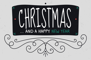 Vintage Christmas and Happy New Year Greeting Card with Handwritten Typography and Ornate Swirls on Textured Background