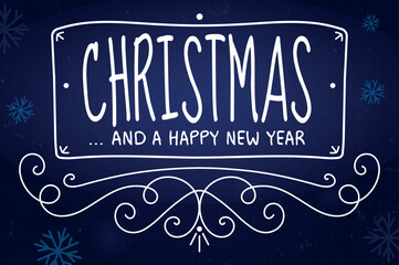 Vintage Christmas and Happy New Year Greeting Card with Handwritten Typography and Ornate Swirls on Textured Background