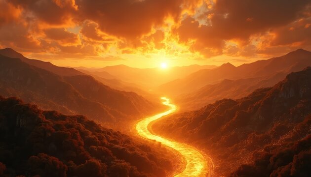 Winding river glows gold through mountain valley at sunset. Orange sky clouds reflect on water surface. Peaceful landscape shows majestic nature scene with serene light effects. - Powered by Adobe