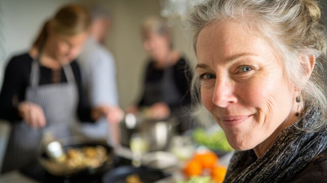 Mature woman happily participating in fun cooking class, learning gourmet recipes with friends, enjoying social gathering and culinary experience in kitchen - Powered by Adobe