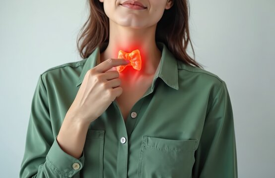 Woman points to glowing thyroid gland. She feels neck discomfort. Medical illustration shows endocrine system issue, possible goiter or inflammation. Health checkup needed for diagnosis.