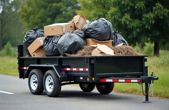Trailer carries rubbish and refuse. Black trailer loaded with garbage bags and cardboard boxes on road. Heavy cargo transport with waste materials.