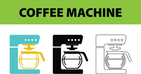 Coffee Maker Vector Illustration – Third Style of Drip Coffee Machine Icons, Minimal Kitchen Appliance and Brewing Equipment Design