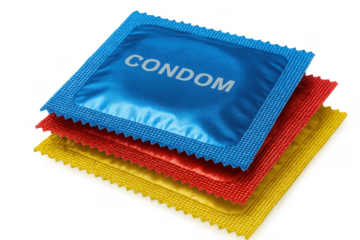 Colorful stack of condom wrappers promoting safe sex