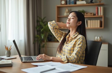 Asian woman stretches neck while working at office desk. Female architect takes break from laptop, practices ergonomic self-care. She sits at wooden desk with papers, plant in background.