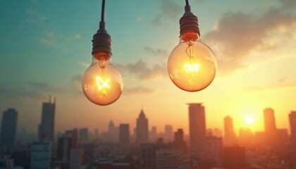 Two glowing lightbulbs with different filaments float above cityscape at sunset. City skyline with tall buildings, skyscrapers in background. Bulbs unique shapes, represent diverse ideas, creativity.