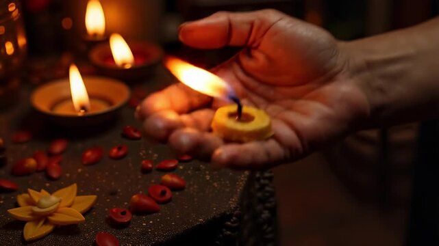 Close Up Hand Lighting Camphor Tablet During Religious Aarti Ceremony