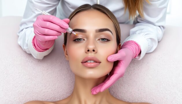 Young woman receives facial injection from beautician in pink gloves. Cosmetologist gives anti wrinkle treatment to female client on white couch. Beauty salon procedure for rejuvenation and skin care.