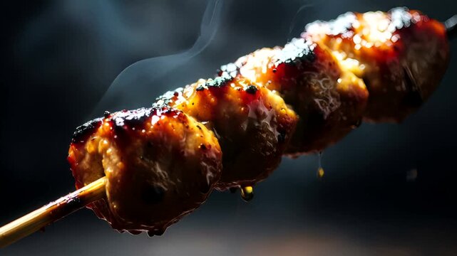 Grilled skewers of meat glistening with sauce against a dark background