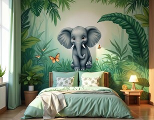 Children bedroom with jungle theme. Elephant mural and tropical plants adorn walls. Cozy bed with green bedding and pillows. Playful animal decor adds fun. Safari adventure atmosphere.