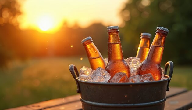 Metal bucket with four cold beer bottles on ice on a wooden table outdoors. Beer bottles are chilled and sweating. Sunset in the background with green trees outside. Beer chilling in ice cubes.