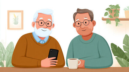 Fototapeta premium Older man demonstrating phone settings to friend in cozy home environment