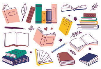 Educational items illustration design. Educational pattern with books and pen also use small leaf. 