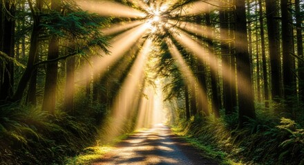 Stunning sunbeams streaming through a lush forest canopy, creating a magical and serene atmosphere perfect for nature lovers and travel enthusiasts