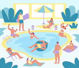 A joyful group of people who enjoy summer in the swimming pool with playful interaction illustration