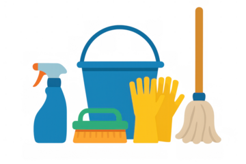 Cleaning supplies, household chores, and hygiene products representing cleanliness and domestic work with transparent background