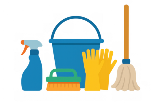 Cleaning supplies, household chores, and hygiene products representing cleanliness and domestic work with transparent background