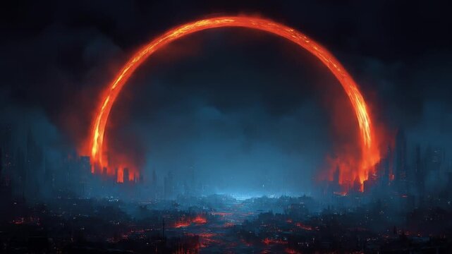 A fiery ring engulfs a city under a dark, atmospheric sky, creating a dystopian landscape