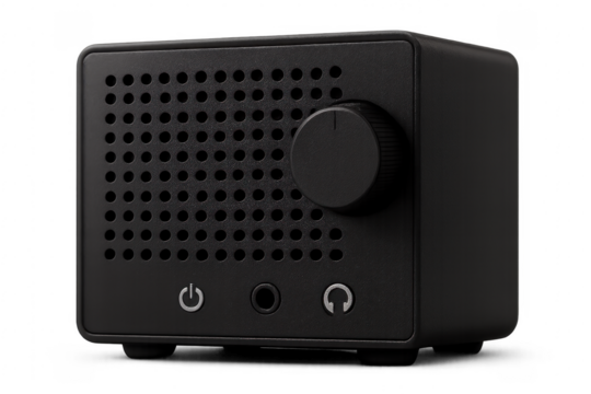 Black portable audio speaker box with volume knob