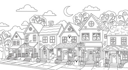 Obraz premium A black and white line drawing of houses decorated for halloween with pumpkins and ghosts on display