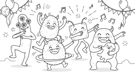 Fototapeta premium Dancing monsters coloring page with balloons and music notes for kids party celebration fun time