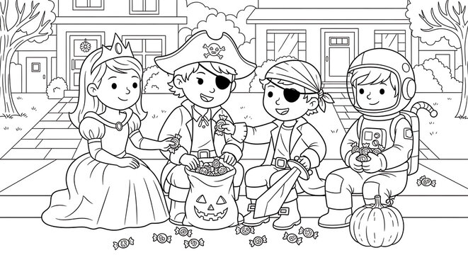 Children in halloween costumes sharing candy from a jack o lantern bag on a neighborhood street