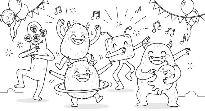 Dancing monsters coloring page with balloons and music notes for kids party celebration fun time