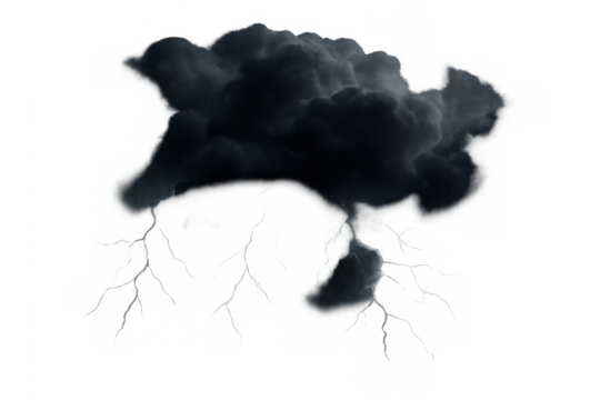 Dark cloud full of thunder and lightning, creating a dramatic and stormy weather scene on a transparent background