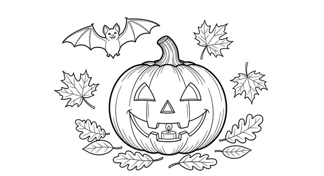 Outlined halloween pumpkin with bat and leaves for coloring page activity and fall season decoration