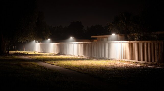 Professional fitting energyefficient LED motionactivated security lights on a backyard fence to deter intruders after dark.