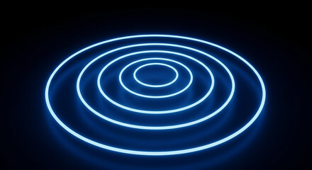 Fototapeta premium Blue neon concentric circles radiating on dark background