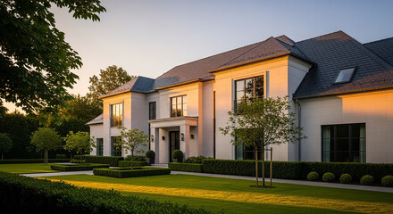 Fototapeta premium Grand luxury mansion with vibrant garden at sunset