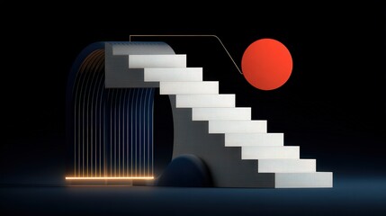 A unique staircase design stands against a dark background, featuring white steps leading up to a bright red sphere. Glowing lines at the base add a modern touch to the scene.
