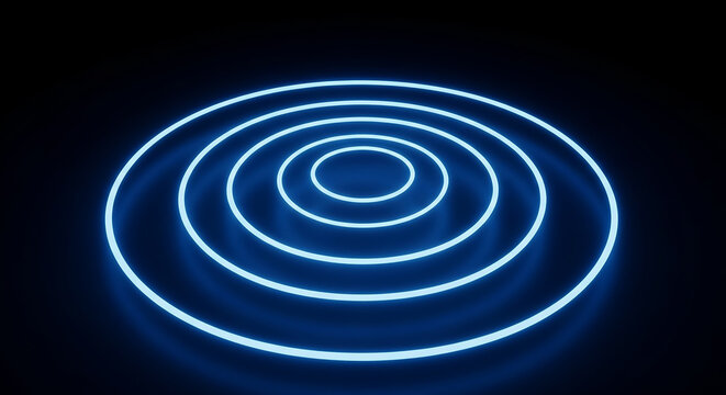 Blue neon concentric circles radiating on dark background