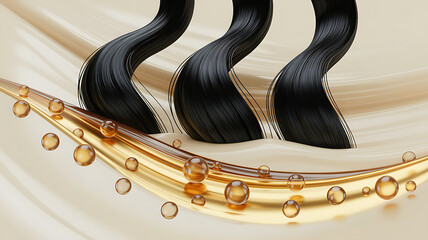 Hyperrealistic 3D Render of Healthy Hair Strands in Nourishing Oil and Cream. Abstract Beauty Concept.