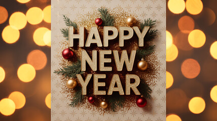Luxurious Happy New Year Greeting Card with Golden Text, Glitter, and Festive Bokeh Lights