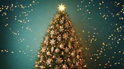 Festive Christmas Tree with Golden Ornaments, Star Topper, and Bokeh Lights Background