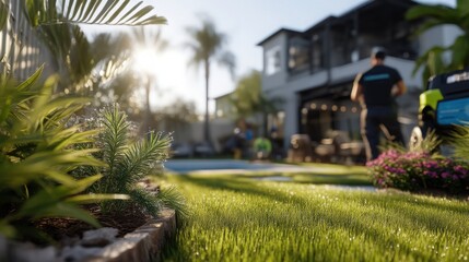Naklejka premium Sunlight filters through palm trees in a well-kept backyard. A person tends to the garden while colorful flowers bloom. The clear blue sky enhances the relaxing atmosphere of the outdoor space.