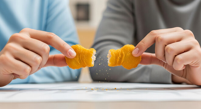 Two hands breaking apart a fried chicken nugget, creating crumbs, concept of sharing, snack, fast food, enjoyment, friendship, or relationship