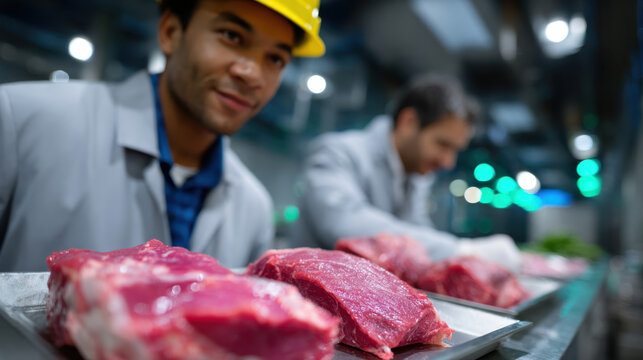 Two workers in protective clothing prepare fresh meat in a processing facility, showcasing the meticulous work that goes into food preparation and safety.