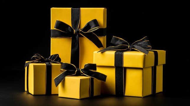 Elegant yellow gift boxes with black ribbons create a sense of luxury and anticipation for special occasions, perfect for promotions and celebrations