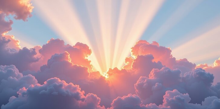 Dreamy pastel cloudscape, soft pink, lavender, and peach hues billow in a serene sky, sun rays gently filtering through, illustration, tranquil, sky