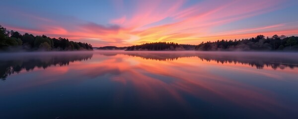 Obraz premium Calm blue lake at dawn, mist rising gently, serene dawn light, morning, serene