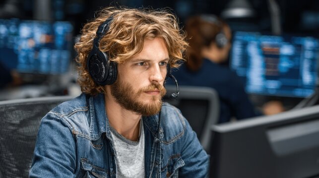 Focused IT specialist troubleshooting network problems using advanced digital twin technology to quickly identify and resolve technical glitches.