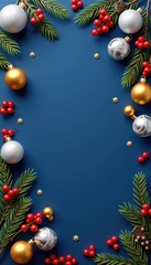 Elegant Christmas border of silver and gold ornaments, pine branches, and berries on a deep blue background, holiday, holiday elements, celebration